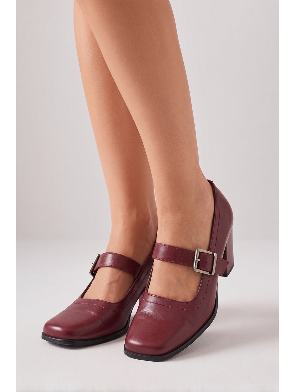 Danelle Burgundy Leather Mary Jane Heels with Buckle Strap, Size 6